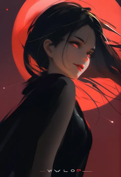 1girl, solo, wlop,
black hair, gradient eyes, black cloak, seductive smile, 
falling out of the sky, red moon, night sky, cloudy...