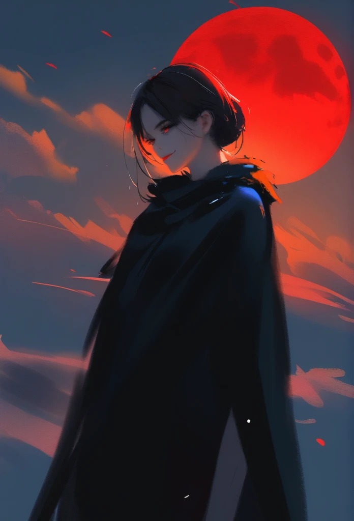 1girl, solo, wlop,
Black hair, gradient eyes, black cloak, seductive smile, 
Falling out of the sky, red moon, night sky, cloudy 
masterpiece, best quality,