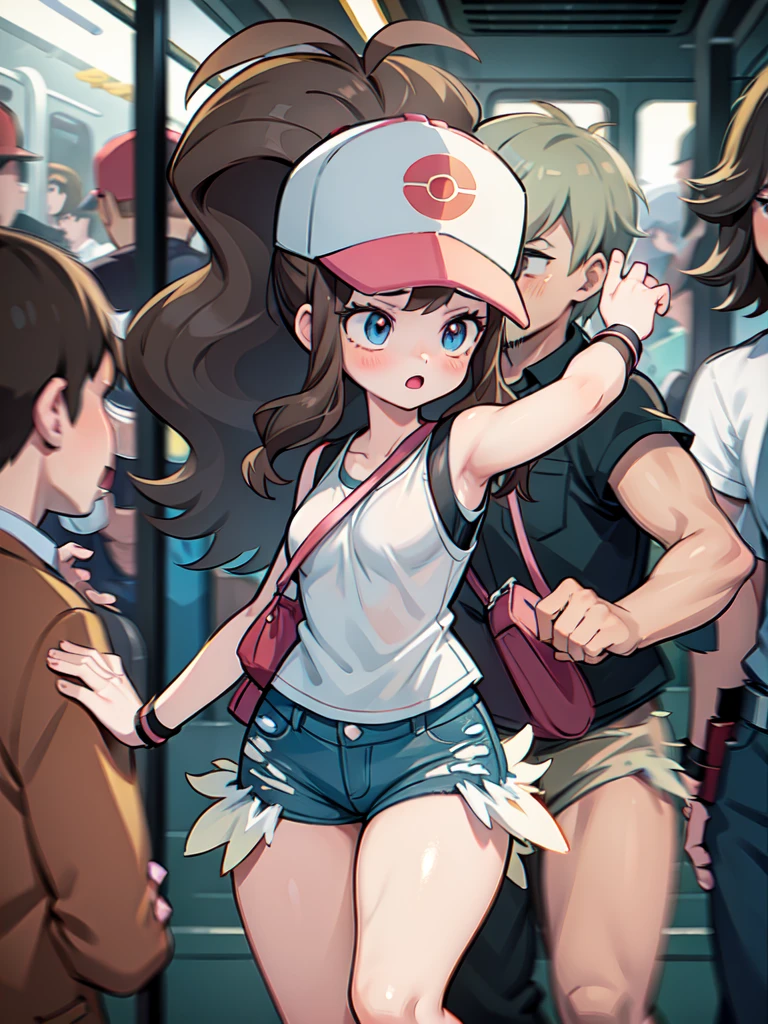 High quality, Masterpiece, Best quality, Hilda \(pokemon\), def1, body shape, thick thighs, a girl being touched by multiple men without her consent inside a subway car,illustration,harsh and disturbing atmosphere,[dark shadows,dark and crowded subway car,panic,struggle],(best quality,highres),vivid colors,warm tones,dimmed lighting, back shot, from bihind,