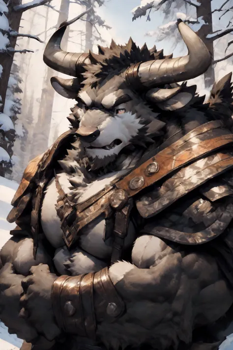 Minotaur, solo, muscular, perfect_eyes, perfect_face, abs, big_chest,wide_body, muscular_arms, winter, snowforest_background, so...