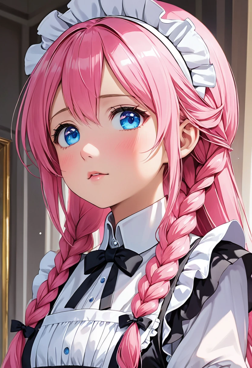 best quality, masterpiece,pink long hair, blue eyes,maid clothes, looking up, upper body,hair strand,Fair skin,side braids, a  around 10 age