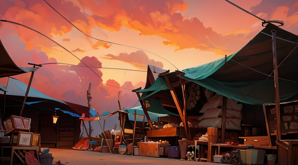 traditional market, (market tents), butchery, (they sell human flesh, meats, bones, skulls on the wooden table), wooden boxes, wooden basket, strings, sand ground, dawn sky, early morning, low angle, AnatomicTech, 