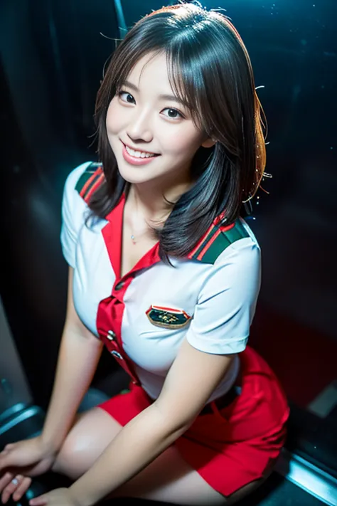 (a gorgeous lady, age 21, flight attendant uniform, shenzhen airlines stewardess, wet white shirt, red mini-skirt, kneeling in b...