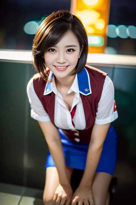 (a gorgeous lady, age 21, flight attendant uniform, shenzhen airlines stewardess, wet white shirt, red mini-skirt, kneeling in b...