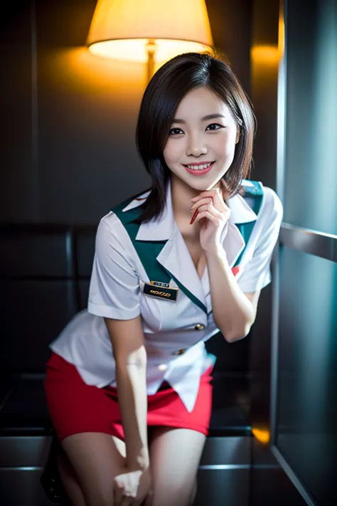 (a gorgeous lady, age 21, flight attendant uniform, shenzhen airlines stewardess, wet white shirt, red mini-skirt, kneeling in s...