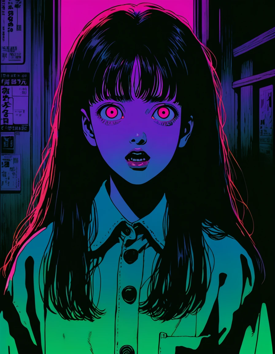 illust、art、from 80s horror movie, directed by Junji Ito、exorcist、high detail, realsitic shadow、Analog style, vhs style, 8mm film, chromatic aberration, Dvd screengrab、Complementary color gradient