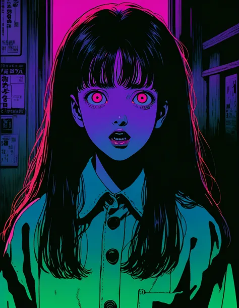 illust、art、from 80s horror movie, directed by Junji Ito、exorcist、high detail, realsitic shadow、Analog style, vhs style, 8mm film...