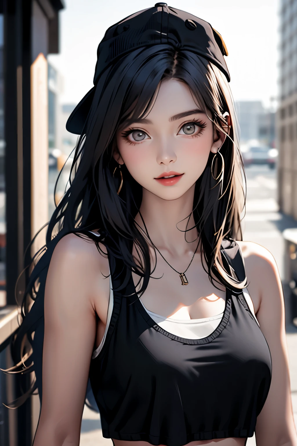 (masterpiece:1.2, highest quality), (realistic, photorealistic:1.4), beautiful illustrations, (natural side lighting, movie lighting), Depth of written boundary, looking at the viewer, (face focus, Upper body), Front view, 1 girl, English, high school girl, 15 years old, perfect face, Cute symmetrical face, shiny skin, long eyelashes chest, thin, beautiful hair, beautiful face, fine and beautiful eyes, beautiful clavicle, beautiful body, beautiful breasts, beautiful thighs, beautiful feet, beautiful fingers, 1girl, solo, beach, white shirt, tank top, see-through shirt, short shorts, backwards baseball cap, standing, happy, looking at viewer,
