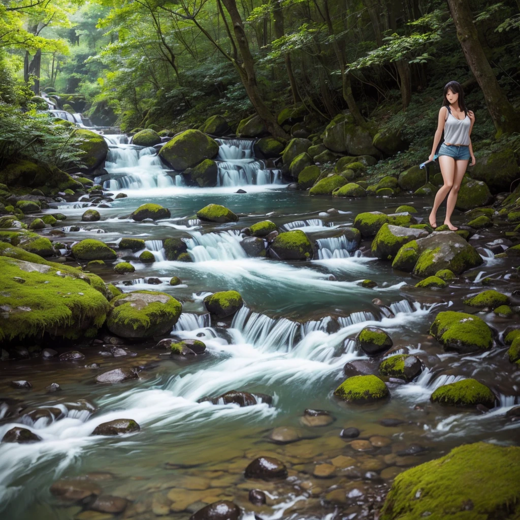 (NSFW、érotique、Sexy、adulte)、Situé dans un paysage de montagne luxuriant、Jeune femme profitant de la nature en jouant dans un ruisseau de montagne clair(彼女はSexyな水着を着ています)。La scène est dans un style d'anime réaliste。La femme porte un débardeur et un short.、Debout dans les eaux peu profondes d&#39;un ruisseau、Ramassez de l&#39;eau avec votre main droite、La main gauche est légèrement étendue pour l'équilibre.。Elle a un air heureux sur son visage。En arrière-plan、Montagne verdoyante et boisée々est tiré、bois々Le soleil brille d'une douce lumière entre les、Il jette un chaud, lumière naturelle sur la scène.。L&#39;eau du ruisseau est claire、On peut voir les rochers en contrebas、Les rives sont bordées de verdure vibrante et de fleurs sauvages.。L&#39;angle de la caméra est légèrement derrière et au-dessus de la femme.、Cela donne à la scène profondeur et perspective.。Il y a un effet de lueur douce lorsque le soleil frappe la surface de l'eau et la femme&#39;les cheveux