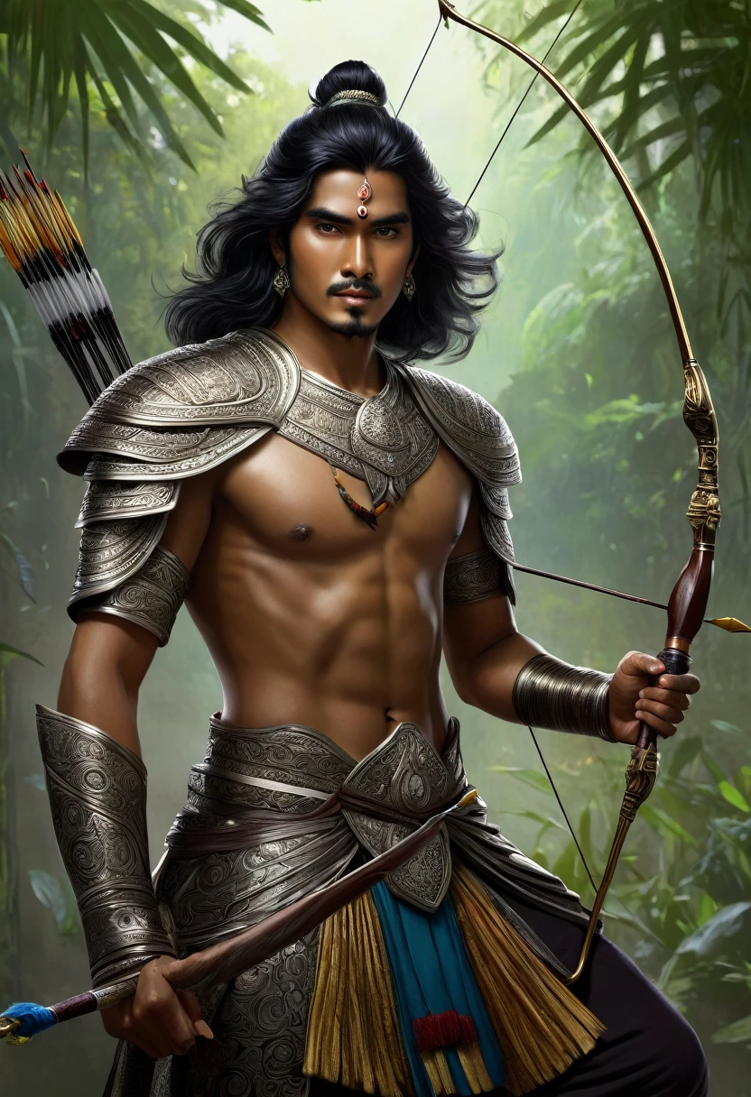 Arjuna in Mahabarata, holding a bow and arrow, Javanese princess, majapahit warrior, long wavy black hair, hair tied up, wide eyes looking sharp and firm, very handsome face, bare chested, wearing ancient Javanese knight jawelry, realistic, background black, fantasy, intricate, elegant, highly detailed, digital painting, art station, concept art, no background, Movie Poster