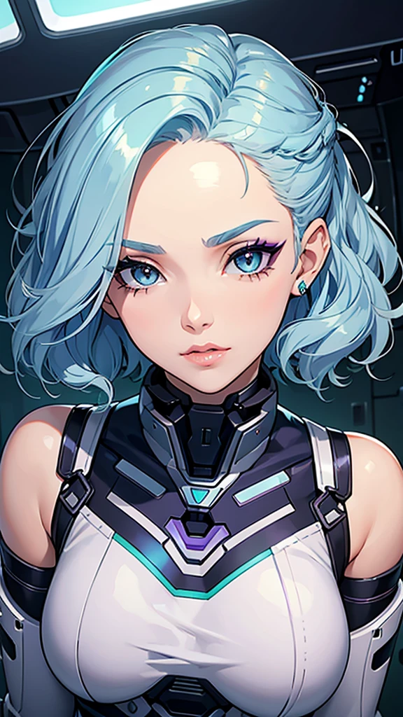 a sexy elite girl, beautiful, tall, wavy light blue hair, short cut, short forehead, her soft green eye, purple eyelashes, she wears a robotic metallic top, a military ship&#39;s aerial suit and pants, a gray military aerial suit&#39;s armor, black gloves, her hand, her back, her elite wing position.