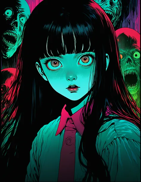 illust、art、from 80s horror movie, directed by Junji Ito、A horrible ghost、high detail, realsitic shadow、Analog style, vhs style, ...