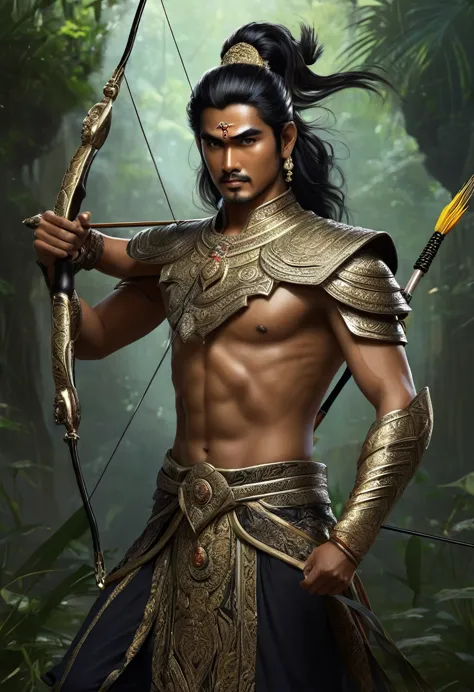 Arjuna in Mahabarata, holding a bow and arrow, Javanese princess, majapahit warrior, long wavy black hair, hair tied up, wide ey...