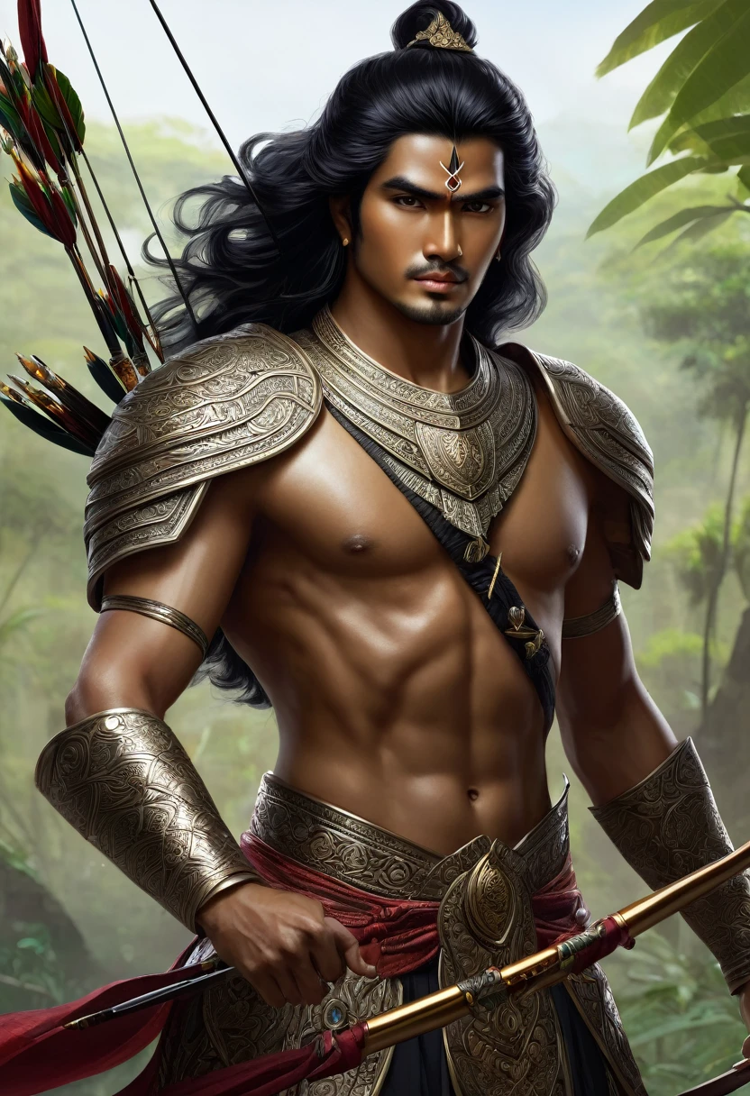 Arjuna in Mahabarata, holding a bow and arrow, Javanese princess, majapahit warrior, long wavy black hair, hair tied up, wide eyes looking sharp and firm, very handsome face, bare chested, wearing ancient Javanese knight jawelry, realistic, background black, fantasy, intricate, elegant, highly detailed, digital painting, art station, concept art, 4k, complete body