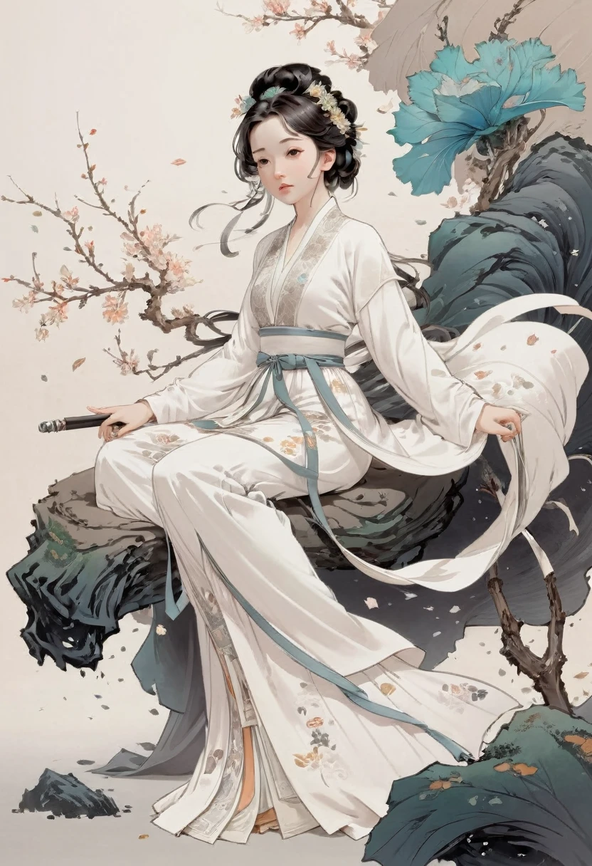 (1 Girl:1.4),Solitary, Gorgeous， Extremely detailed,(Joshua Middleton Comic Cover Art:1.1), (action:1.2),(Concretism:1.2),(Hyperpolarization:1.5),rich and colorful,The most detailed,white gray background, White Hanfu, Pastel colors， (masterpiece, Top quality, best quality, Official Art, beautiful and aesthetic:1.2),