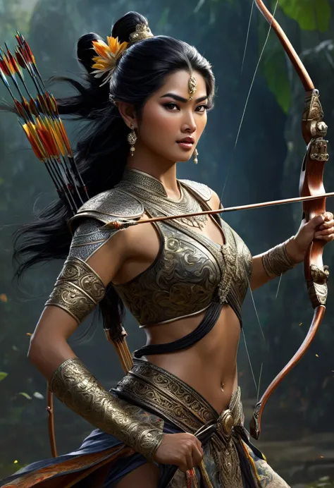 Arjuna in Mahabarata is shooting archery, holding a bow and arrow, Javanese princess, majapahit warrior, long wavy black hair, h...