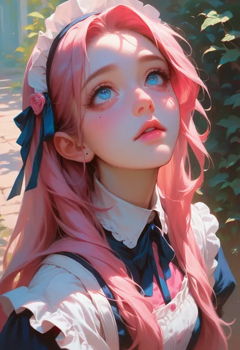 best quality, masterpiece,pink loose long hair, blue eyes,maid clothes, looking up, upper body,hair strand,Fair skin, a mole und...