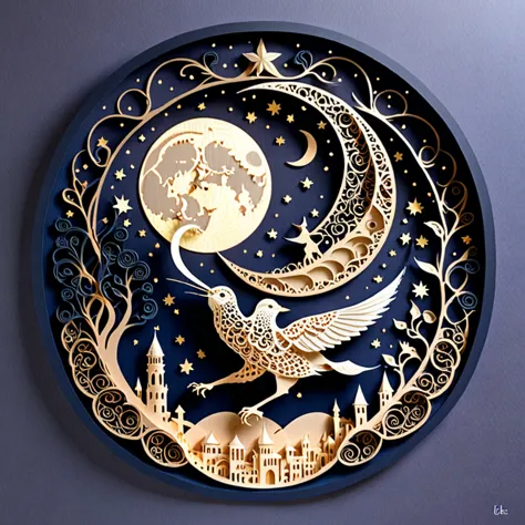 create a detailed paper cutout artwork depicting an intricate scene of arabesque patterns against a moonlit night. the artwork s...