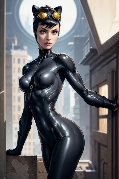 (masterpiece, best quality:1.2),  catwoman, 1girl, solo, breasts, (cat ears, goggles, goggles on head), black bodysuit, night, c...