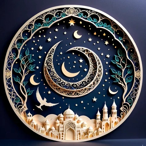 create a detailed paper cutout artwork depicting an intricate scene of arabesque patterns against a moonlit night. the artwork s...