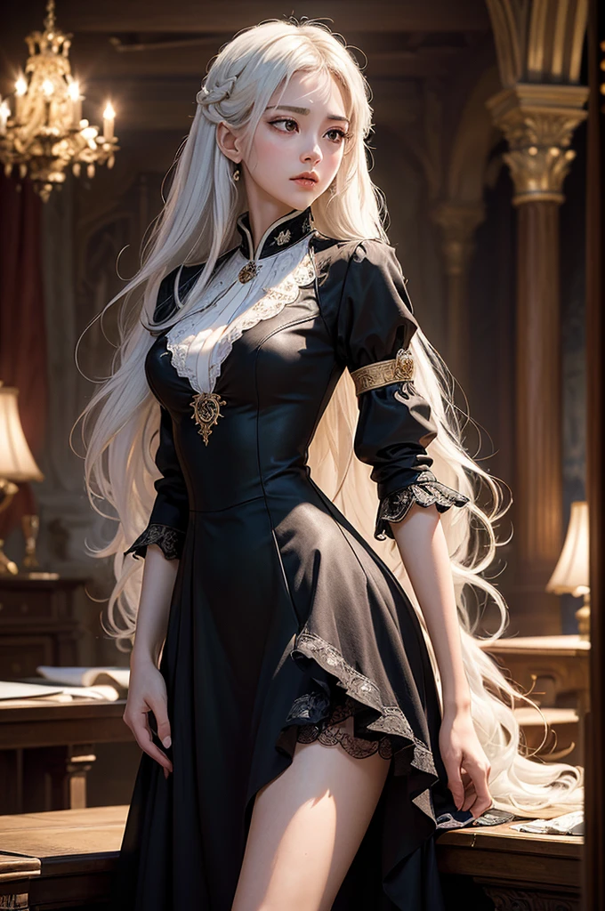 ((masterpiece:1.5,Highest quality,Highly detailed images,Beautiful images、Realistic、Photorealistic、2.5D))(1girl, 独奏)(medium breasts, white hair, black eyes, Healthy legs、Tight ass、Beautiful cleavage)(Fantasy dresses、Fantasy Clothes、Black battle dress、Deep slit)(wind, floating hair)(Inside the castle、The King's Chamber）
