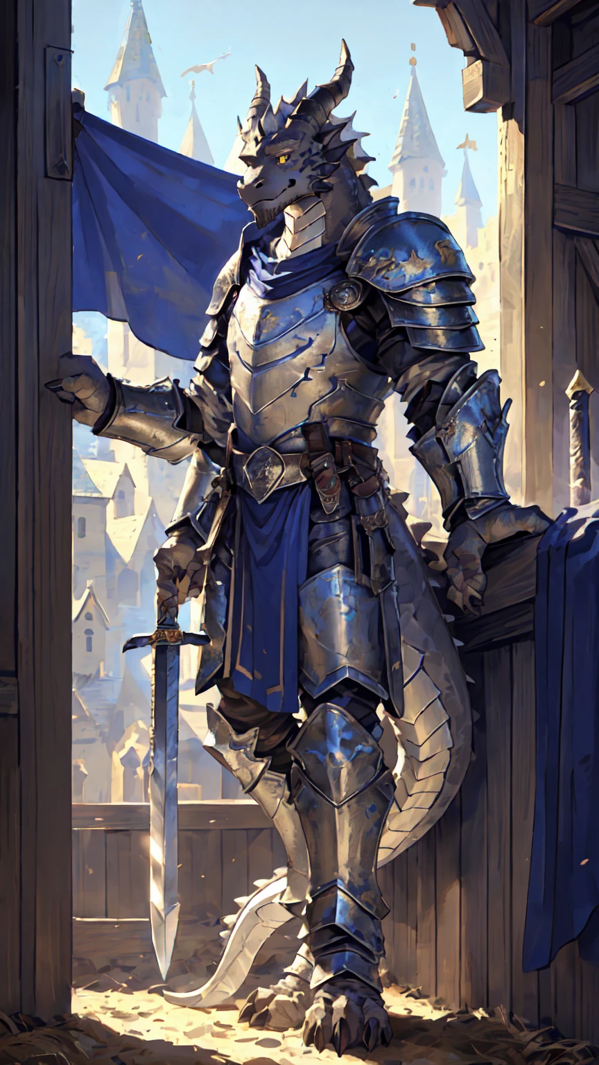 ((middle Ages，Castle Background))，((Crusu:1.6))，(Charging posture:1.3)，Sunlight，high resolution，4K，gay，(whole body:1.1)，masterpiece，high quality，Calm and calm，((dragon))，male，dragonFurry，(teenager:1.3)，hairy，((Stable，Handsome face:1.4))，((peaceful))，((Holding a long sword:1.3))，(((strong:1.4，Long legs:1.3，粗壮dragon尾:1.2)))，(((Gray head:1.2，Golden pupils:1.2，White neck:1.3，Gray back of hand:1.4，White muscles:1.3)))，(((White Armor:1.3，Armor has a blue banner:1.4)))，Mature face，Exquisite eyes，Detailed body，Detailed hands，Detailed feet，Kenket&#39;s style