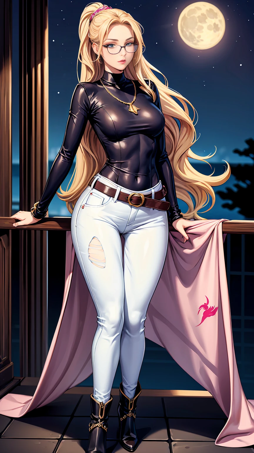 Beautiful woman with mid straight wavy ponytail blond hair with blue eyes wearing Tight Jeans With Leather Belt, Pink Sexy Criss Cross Mock Neck With Mid Sleeves Blouse With Phoenix Prints, luxurious jewelry and luxurious necklace, rimless glasses, pointless gloves, high heel boots, standing in a balcony at night of full moon, (caucasian skin), (light brown lipstick), (elegant mascara), (slim body with abs), (small breasts), (wide hips), midjourney, <lora:GoodHands-, <lora:GoodLegs-, UHD, high resolution, (masterpiece:1.9, best quality), (expressive eyes, perfect face, full body, expressive face, perfect body, perfect pussy, athletic, fit, slim body, blushing, Perfect makeup, eyeliner, beautiful eyelashes, smiling, horny face), ((best illumination, best shadows)), ((sexy pose))