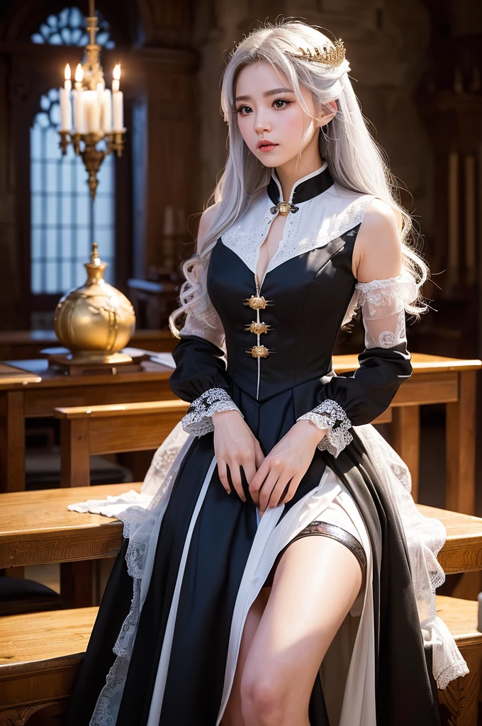 ((masterpiece:1.5,Highest quality,Highly detailed images,Beautiful images、Realistic、Photorealistic、2.5D))(1girl, 独奏)(medium breasts, white hair, black eyes, Healthy legs、Tight ass、Beautiful cleavage)(Fantasy dresses、Fantasy Clothes、Black battle dress、Deep slit)(wind, floating hair)(Inside the castle、The King's Chamber）
