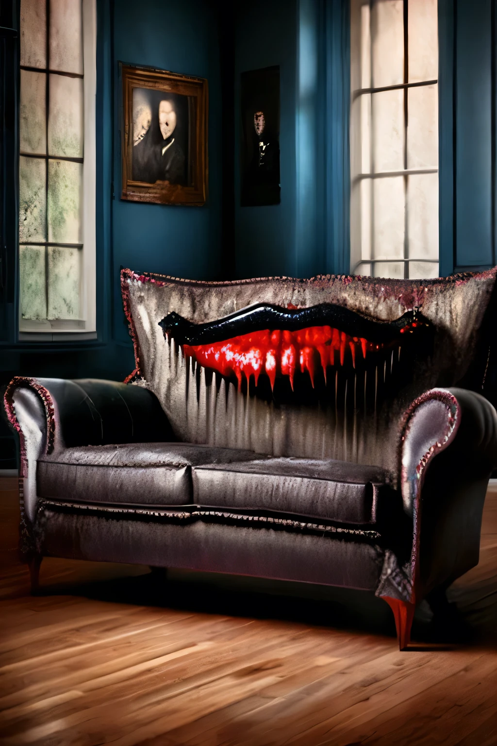 An absolutely ravenous fanged ee sofa with bloody lips