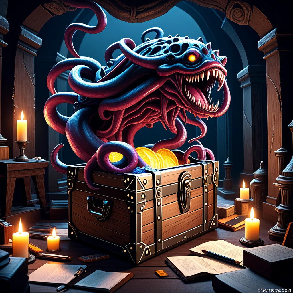 intricate fantasy treasure chest monster,dungeon deep within,tentacles and limbs emerging from its mouth,marker outline,highly detailed,cinematic lighting,dramatic composition,dark moody atmosphere,muted color palette,chiaroscuro lighting,gothic horror,unreal engine,concept art style,digital painting,8k,photorealistic