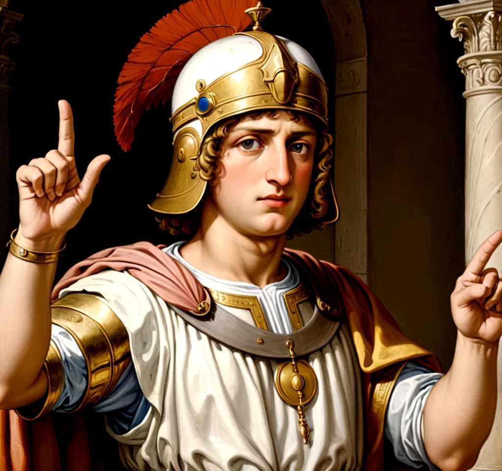 ptolemy xiii theo philopator, representing what he was like, pointing with his hand as if accusing someone, 15 year old renaissa...