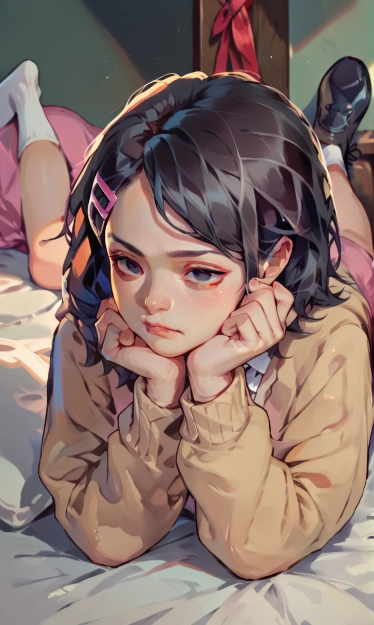 (score_9, score_8_up), score_7_up, score_6_up, score_5_up, score_4_up, Zenko, 1girl, black hair, hair ornament, hairclip, black eyes, short hair, beige cardigan, cardigan, pink dress, red ribbon, lying on bed, on stomach, elbow rest, hands on chin, looking away, expressionless, white socks, black footwear, legs up, cheeks, pout, indoors, bedroom, close-up xaxaxa
