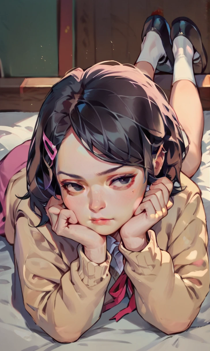 (score_9, score_8_up), score_7_up, score_6_up, score_5_up, score_4_up, Zenko, 1girl, black hair, hair ornament, hairclip, black eyes, short hair, beige cardigan, cardigan, pink dress, red ribbon, lying on bed, on stomach, elbow rest, hands on chin, looking away, expressionless, white socks, black footwear, legs up, cheeks, pout, indoors, bedroom, close-up xaxaxa
