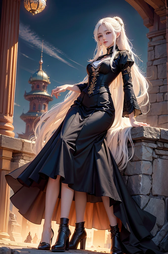 ((masterpiece:1.5,Highest quality,Highly detailed images,Beautiful images、Realistic、Photorealistic、2.5D))(1girl, solo)(medium breasts, white hair, black eyes, Healthy legs、Tight ass、Beautiful cleavage)(Fantasy dresses、Fantasy Clothes、Black battle dress、Deep slit)(wind, floating hair)(Inside the castle、The King's Chamber）
