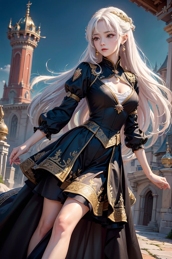 ((masterpiece:1.5,Highest quality,Highly detailed images,Beautiful images、Realistic、Photorealistic、2.5D))(1girl, solo)(medium breasts, white hair, black eyes, Healthy legs、Tight ass、Beautiful cleavage)(Fantasy dresses、Fantasy Clothes、Black battle dress、Deep slit)(wind, floating hair)(Inside the castle、The King's Chamber）
