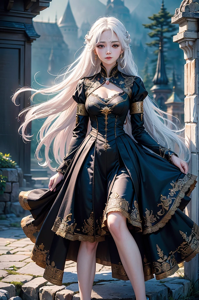 ((masterpiece:1.5,Highest quality,Highly detailed images,Beautiful images、Realistic、Photorealistic、2.5D))(1girl, solo)(medium breasts, white hair, black eyes, Healthy legs、Tight ass、Beautiful cleavage)(Fantasy dresses、Fantasy Clothes、Black battle dress、Deep slit)(wind, floating hair)(Inside the castle、The King's Chamber）
