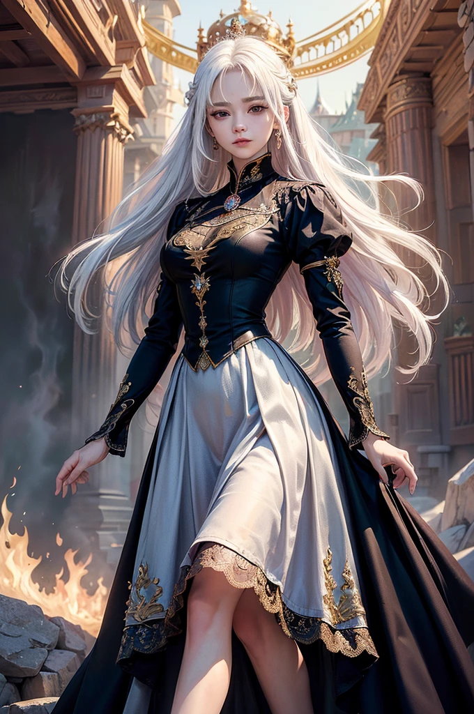 ((masterpiece:1.5,Highest quality,Highly detailed images,Beautiful images、Realistic、Photorealistic、2.5D))(1girl, solo)(medium breasts, white hair, black eyes, Healthy legs、Tight ass、Beautiful cleavage)(Fantasy dresses、Fantasy Clothes、Black battle dress、Deep slit)(wind, floating hair)(Inside the castle、The King's Chamber）
