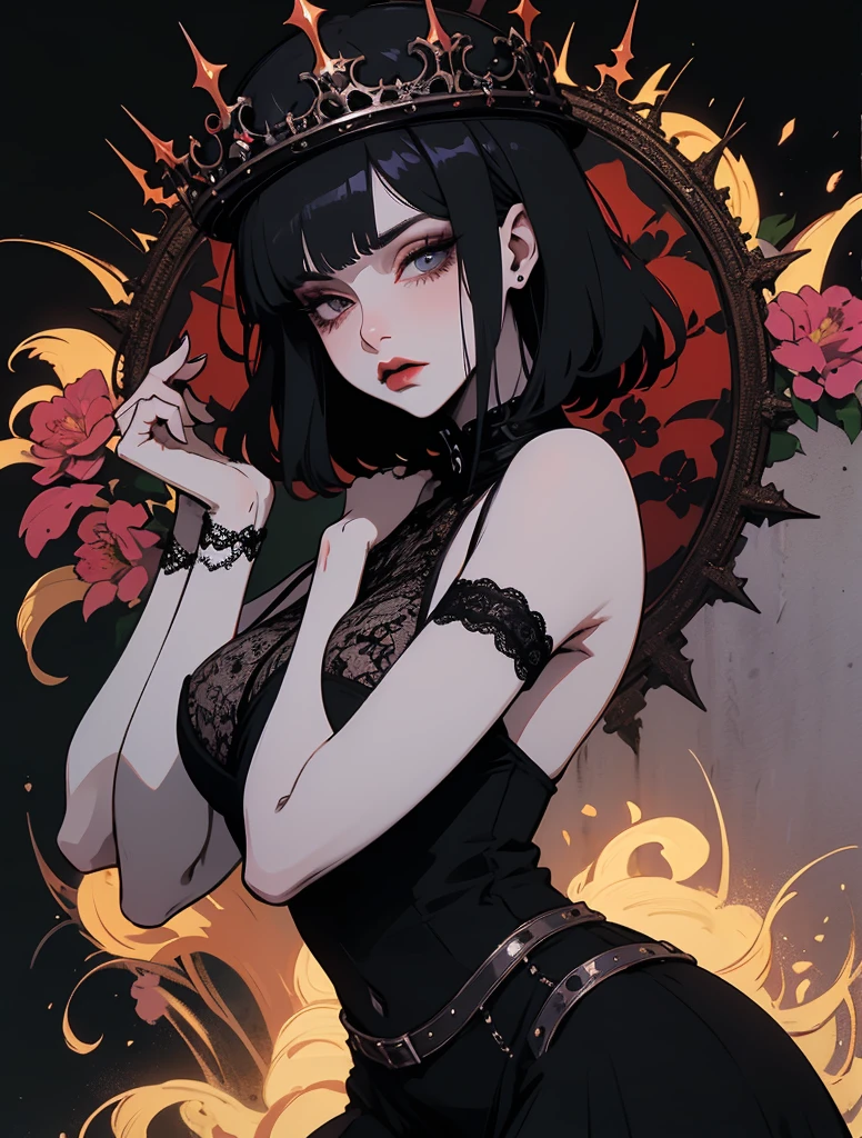 a beautiful woman with demonic makeup and a red floral top standing with her hands on her hips, bob cut, solo, 1girl, heterochromia, black hair, hat, bruno bucciarati, lipstick, breasts, short hair, makeup masterpiece, best quality, 1girl,winona, girl, chill expression, mysterious,more_details:-1, more_details:0, more_details:0.5, more_details:1, more_details:1.5,sharp focus, perfect hands, perfect light looking at viewer, black background,mirrornun,sharp focus, perfect hands, perfect light, ((best quality)), ((Meisterwerk)), (detailliert), perfektes Gesicht