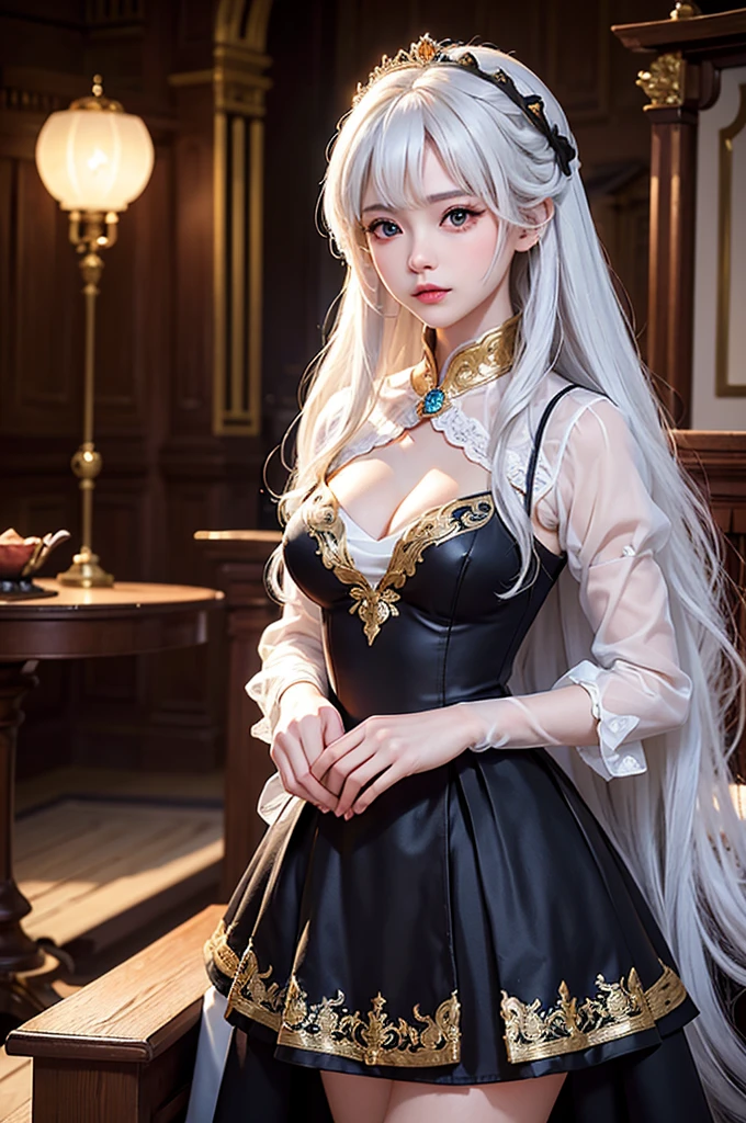 ((masterpiece:1.5,Highest quality,Highly detailed images,Beautiful images、Realistic、Photorealistic、2.5D))(1girl, solo)(Adult women、medium breasts, white hair, black eyes, Healthy legs、Tight ass、Beautiful cleavage)(Fantasy dresses、Fantasy Clothes、Black battle dress、Deep slit)(wind, floating hair)(Inside the castle、The King's Chamber）
