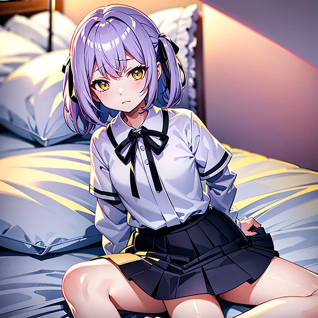 Light purple hair、Yellow Eyes、middle School girls、Shyness、On the bed、Black Skirt、I&#39;m not wearing pants、((Pink female genitalia))、blush、cute、Beautiful legs、Spread your legs、some perfect pussy