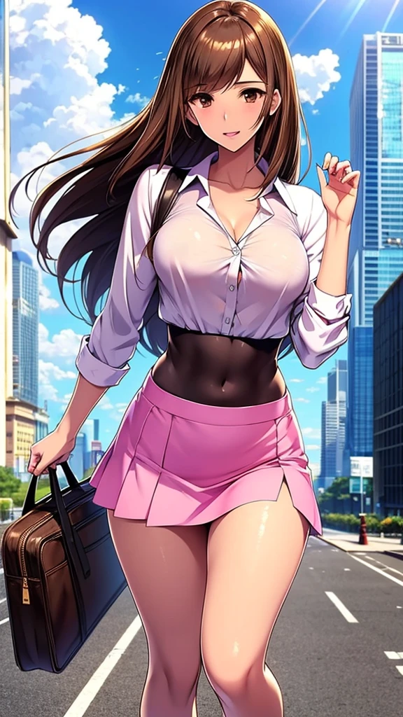 In anime, a girl with light skin, sexy, cute, leaders, long brown hair, her brown eye, wears a pink button-down blouse, shows her navel, and a short blue skirt, black shoe, she travels, flying, sky background, city.