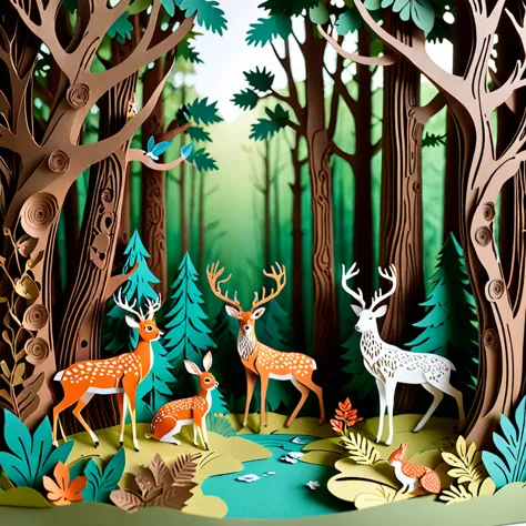 Create a detailed paper cutout artwork depicting a lively forest scene filled with various animals. The scene should include tal...