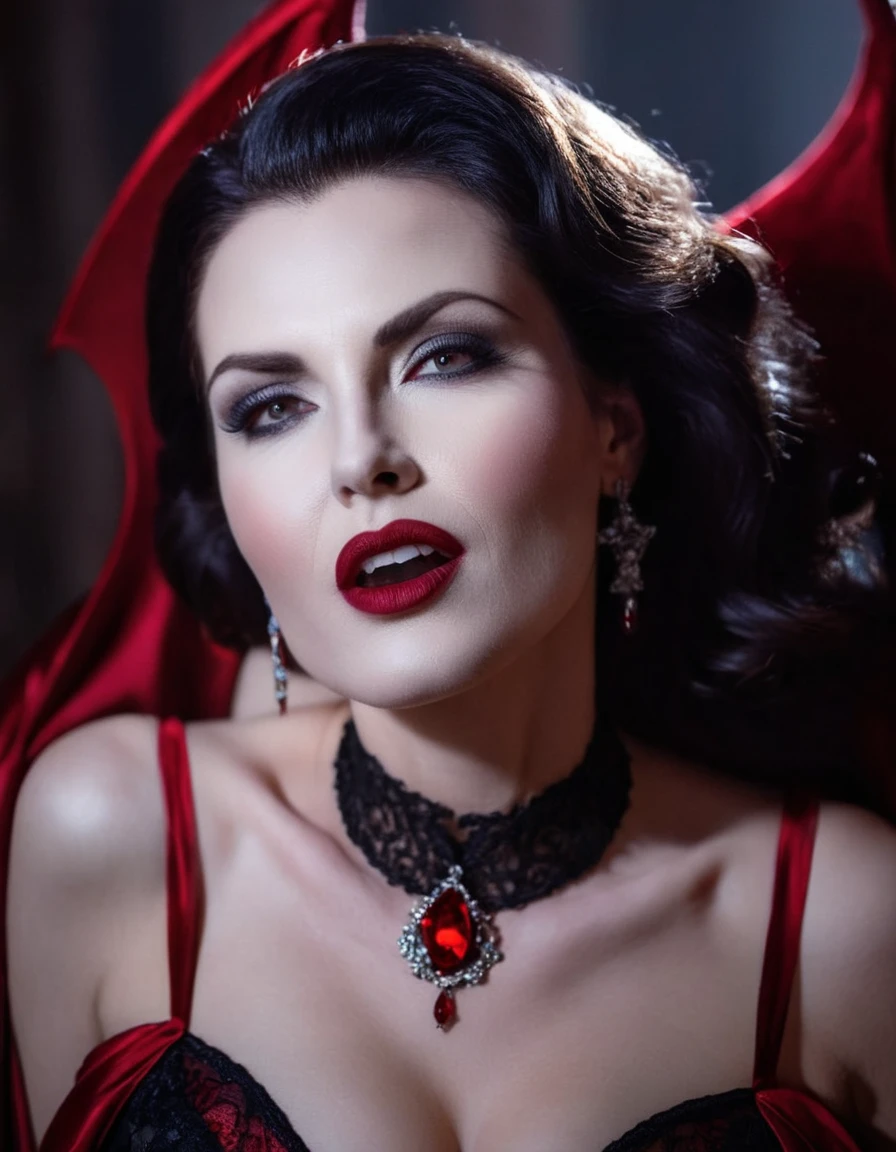 nsfw, 1lady, solo, mature adult woman,evil MILF,lady from hell, vampire beauty, femme fatale, evil apostle of darkness, peerless beauty,a Vampire Kiss, (A evil smile that lifts the corners of her mouth:1.3),(Dark red lips, glossy lips), Fangs, tongue, saliva, Focus only on the mouth, Woman mouth close up, from front
