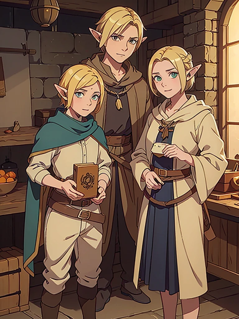 Androgynous elf, blonde, short hair, orange eyes, smirk, sorcerer, aventurer clothes, full body, Dungeon Meshi artstyle. Laios Touden.