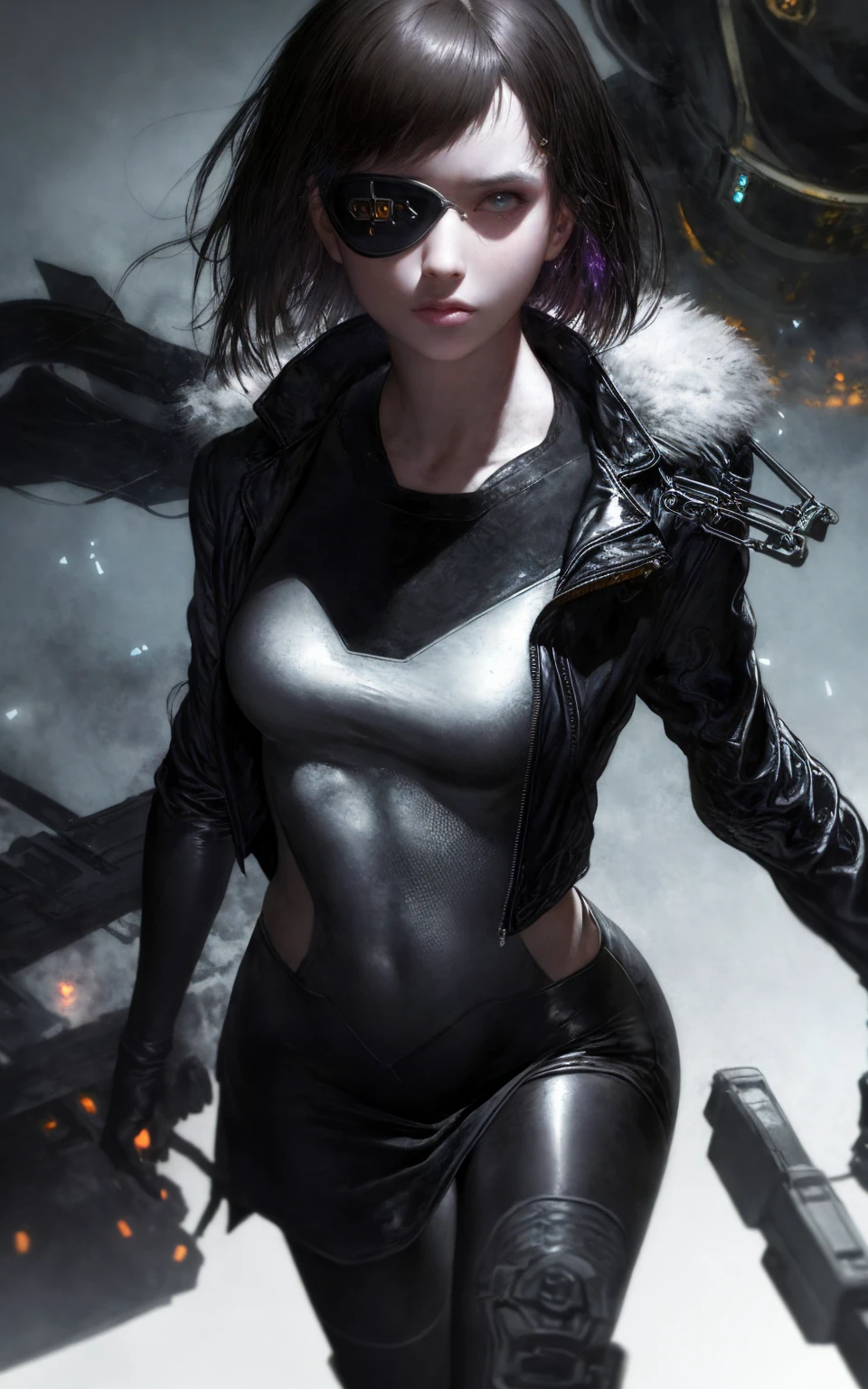 1girl, character centred, starry background, strong shadows, lens glow, black leather jacket, glamour, mature, facial scars, cloudy, brunette, short hair, bandaged arms, no bangs, black leather dress, purple light effect, lens depth of field, stylish pose, blurring, cinematic lighting, volumetric lighting, monocular eyepatch, strong shadows, rain