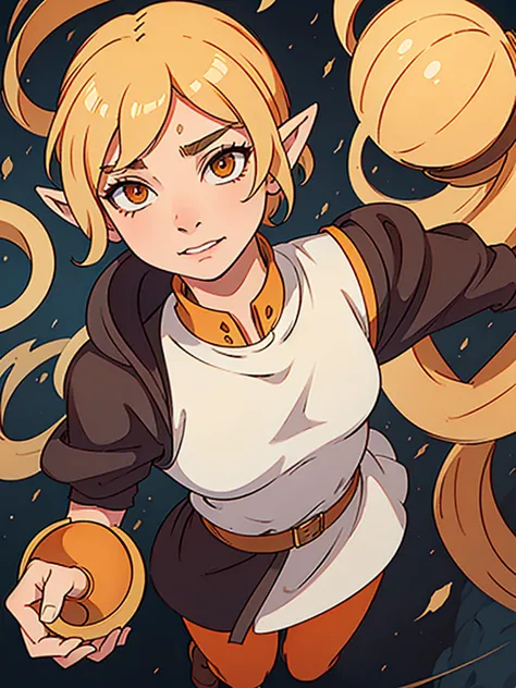 androgynous elf, blonde, short hair, orange eyes, smirk, sorcerer, aventurer clothes, full body, dungeon meshi artstyle