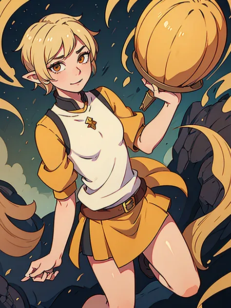 androgynous elf, blonde, short hair, orange eyes, smirk, sorcerer, aventurer clothes, full body, dungeon meshi artstyle