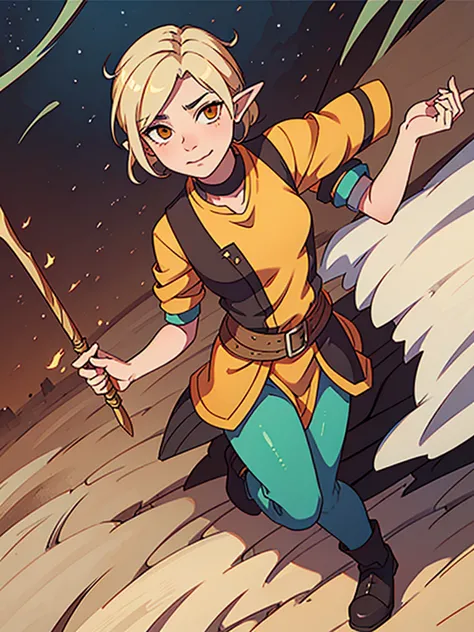 androgynous elf, blonde, short hair, orange eyes, smirk, sorcerer, aventurer clothes, full body, dungeon meshi artstyle