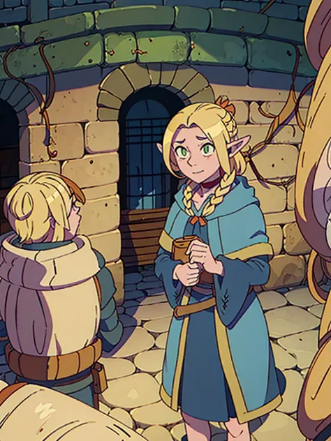 androgynous elf, blonde, short hair, orange eyes, smirk, sorcerer, aventurer clothes, full body, dungeon meshi artstyle