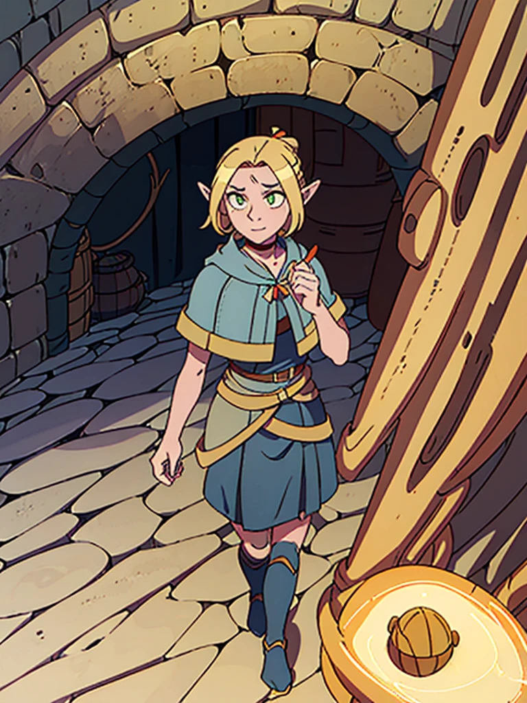 Androgynous elf, blonde, short hair, orange eyes, smirk, sorcerer, aventurer clothes, full body, Dungeon Meshi artstyle